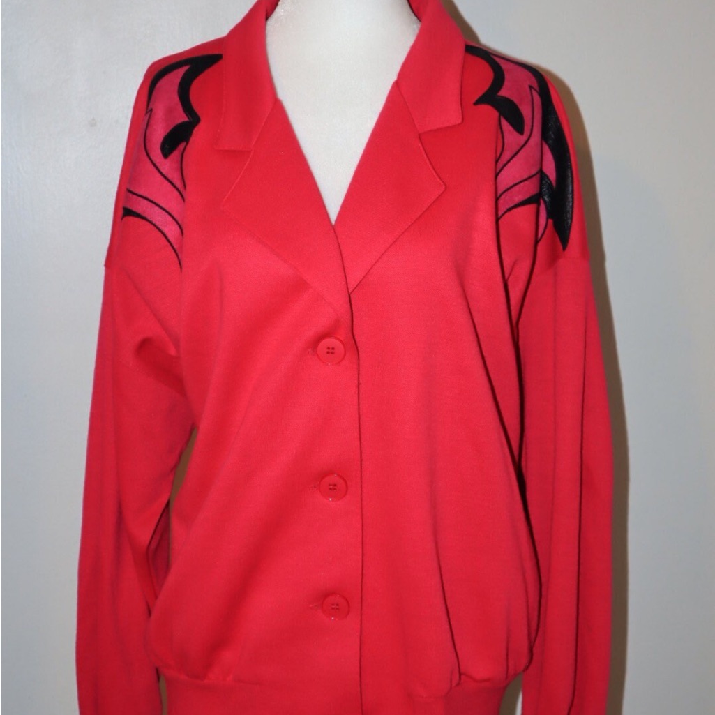 Vintage 1980’s Shirt/Jacket Hot Pink W Black Leather Embroidery Shoulder Detail